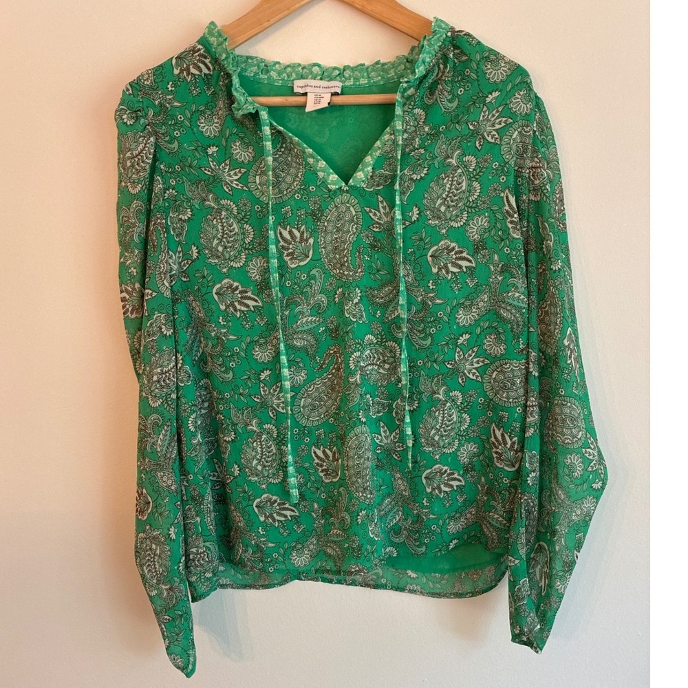 Cupcakes & Cashmere Floral Puff Sleeve Blouse Green Paisley Print Size Medium